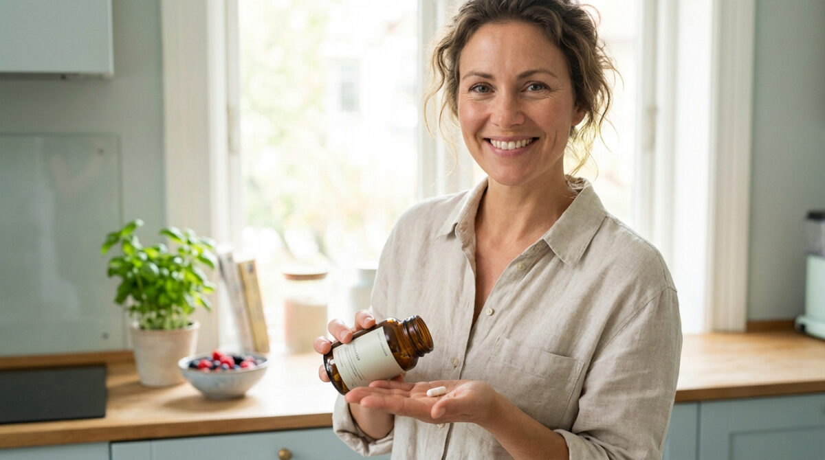 Ophélie, fondatrice de Confort Intestinal, tenant un probiotique en gélule dans sa cuisine — guide santé digestive