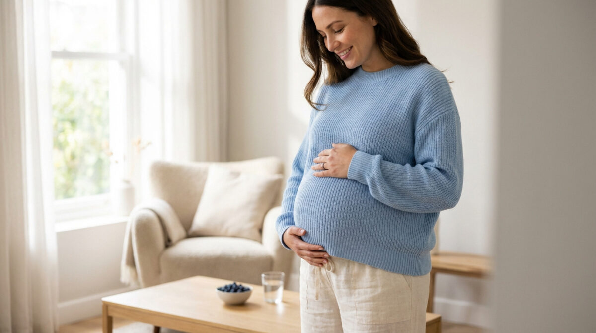 Une femme enceinte souriante, les mains sur son ventre rond, dans un salon lumineux. Elle porte un pull bleu clair et un pantalon beige.