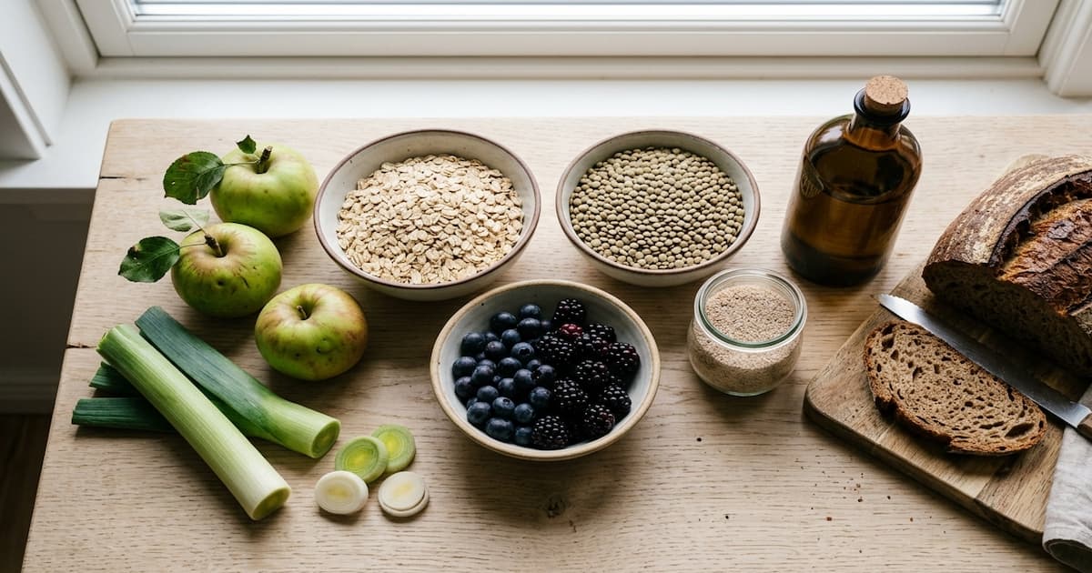 Aliments riches en fibres et prébiotiques pour la nutrition intestinale : avoine, lentilles, poireaux, psyllium — guide par Ophélie