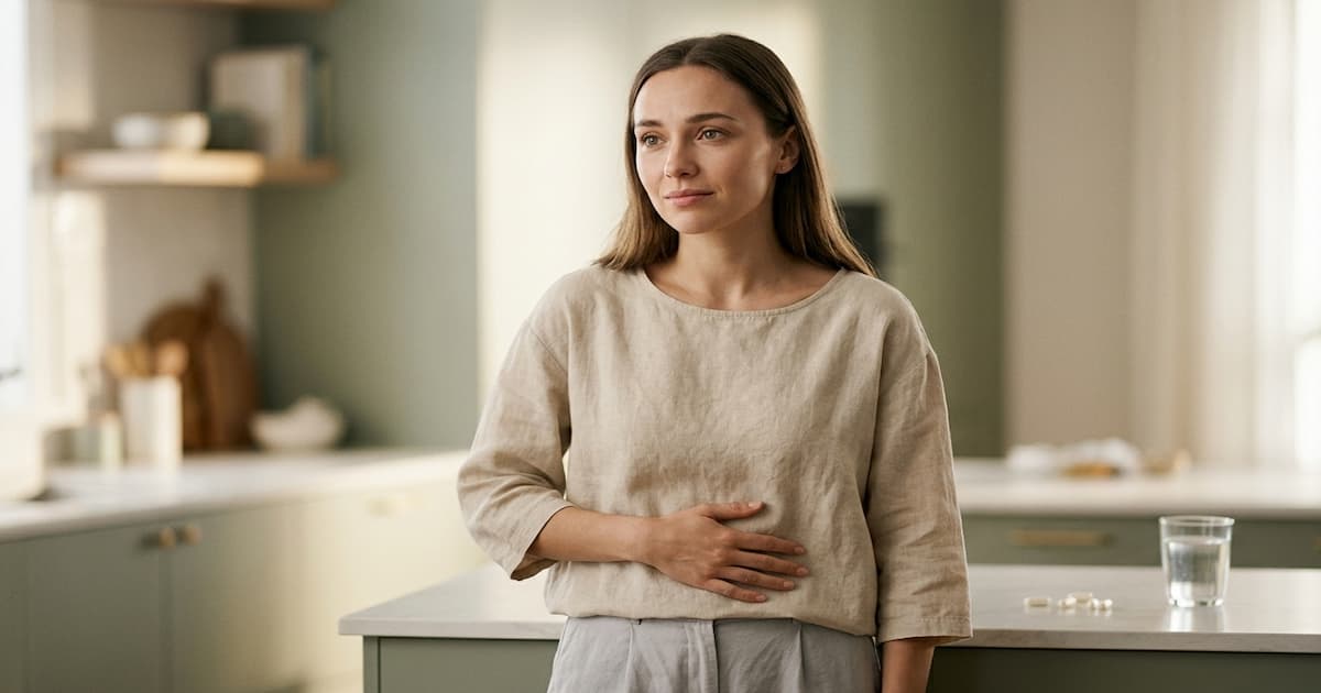 Femme ressentant un inconfort digestif, main sur le ventre — guide probiotiques et ballonnements par Ophélie