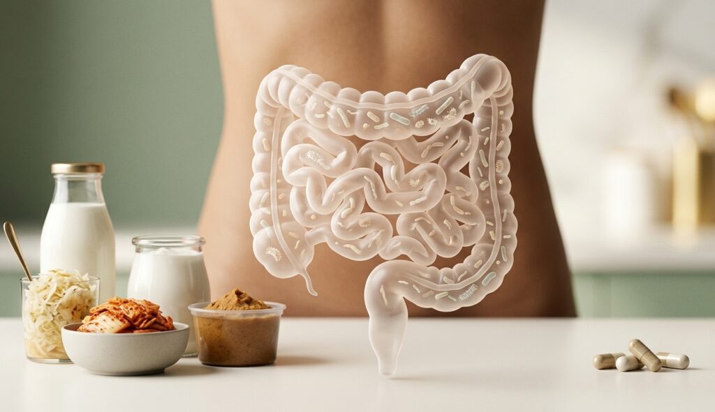 Illustration d'un microbiote intestinal avec sources naturelles et gélules probiotiques pour comparer l'approche alimentaire et les gélules