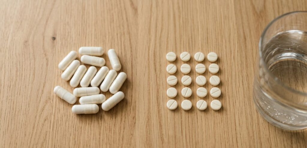 Gélules probiotiques et comprimés avec verre d'eau pour illustrer une prise espacée pendant un traitement antibiotique