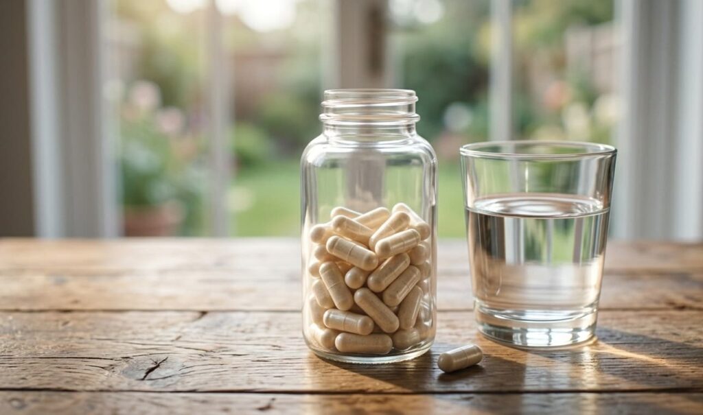 Flacon de gélules probiotiques avec verre d'eau pour une prise quotidienne régulière