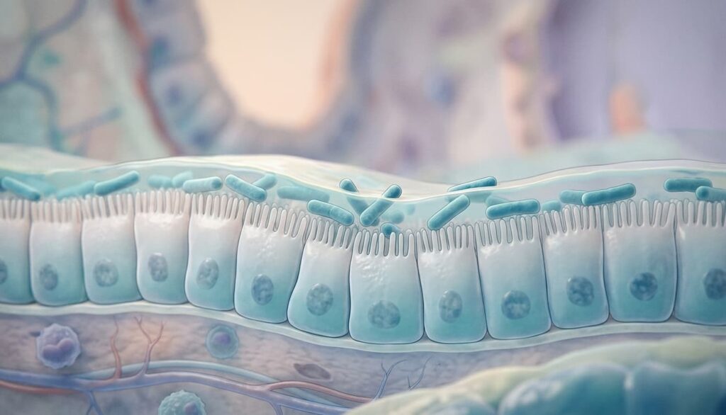Illustration de bactéries probiotiques adhérant à la muqueuse intestinale pour représenter l'action de Lactobacillus rhamnosus GG