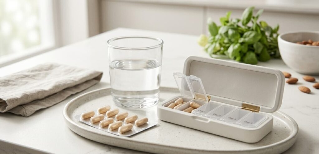 Gélules de probiotiques avec verre d'eau et pilulier pour illustrer une prise quotidienne régulière