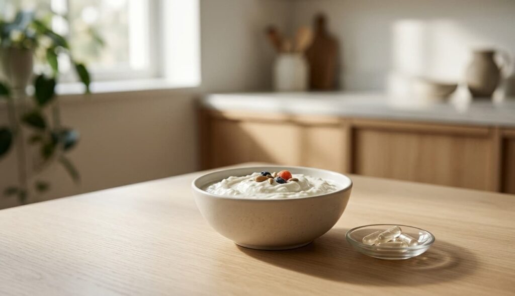 Yaourt nature et gélules probiotiques pour illustrer une routine digestive et le soutien du transit intestinal