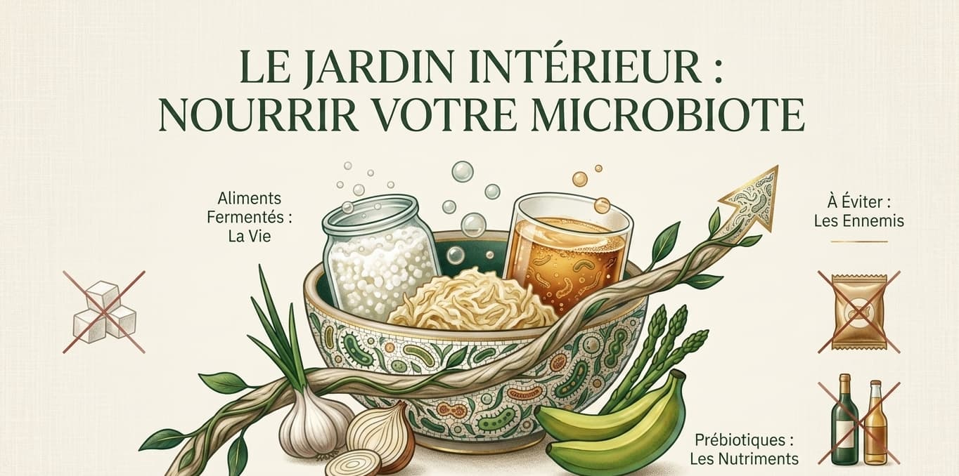 Illustration des aliments fermentés et des fibres prébiotiques pour nourrir le microbiote intestinal