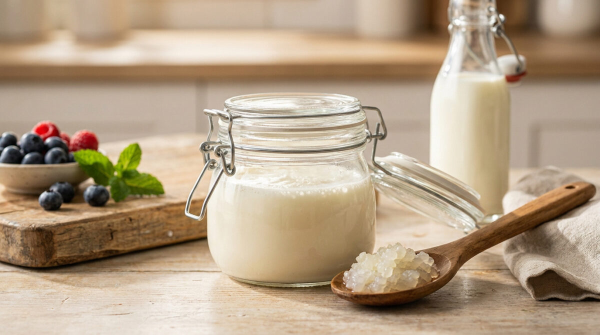 Gros plan sur un pot de kéfir de lait, des grains sur une cuillère, une bouteille de lait, et des fruits rouges frais.