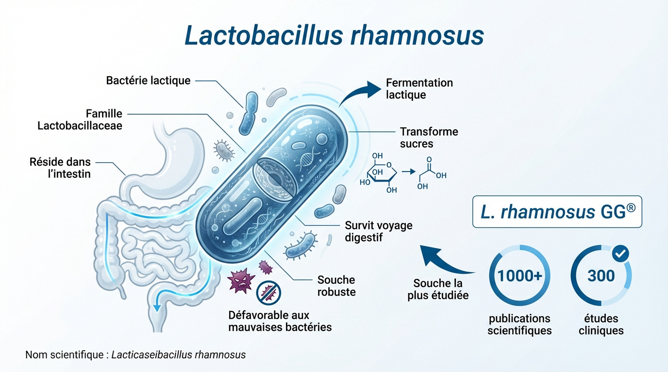 Lactobacillus rhamnosus : représentation microscopique de la bactérie dans l'intestin