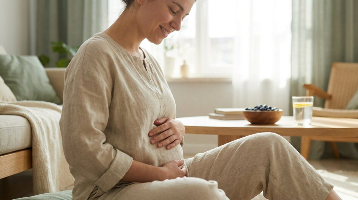 Femme souriante tenant son ventre, assise dans un salon lumineux, avec des myrtilles et de l'eau sur une table basse.