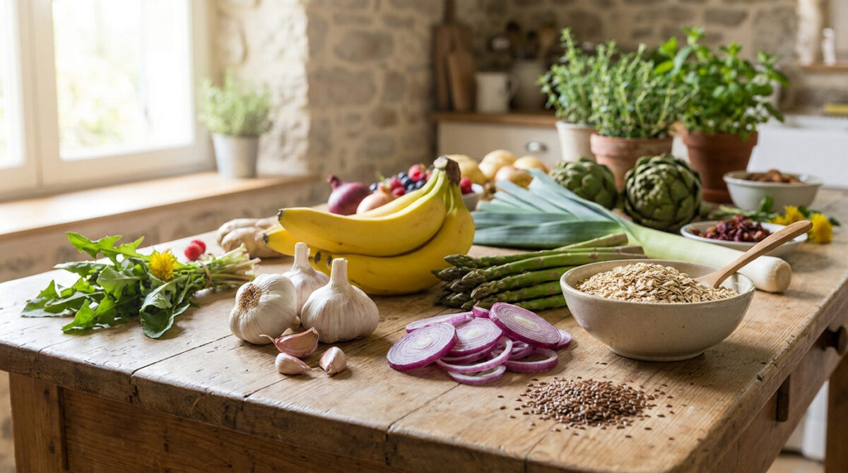 Assortiment d'aliments prébiotiques sains sur une table en bois rustique : bananes, ail, oignon, asperges et flocons d'avoine.