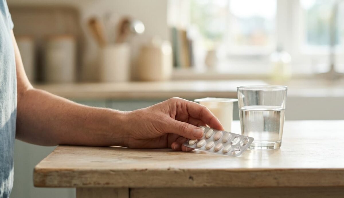 Main près d’un verre d’eau pour illustrer une prise d’antibiotiques pendant une cure.