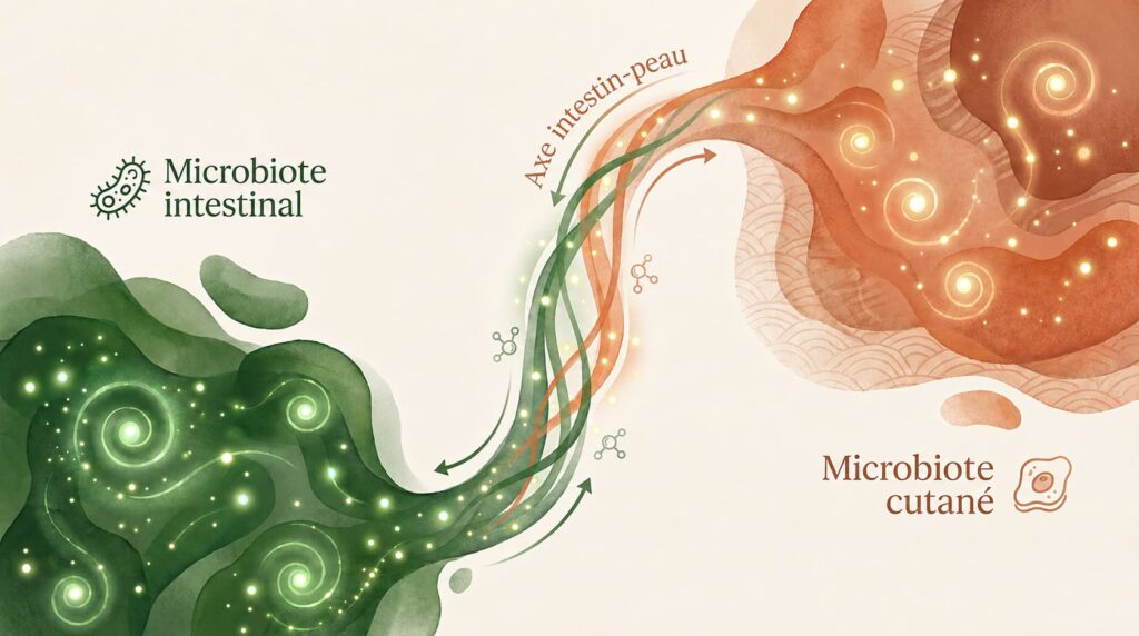 Illustration montrant la connexion entre le microbiome intestinal vert et le microbiome cutané orange par un flux lumineux.