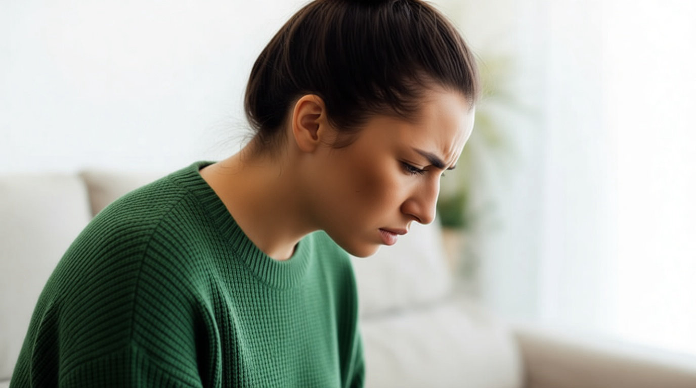 Femme ressentant un inconfort abdominal lié au stress