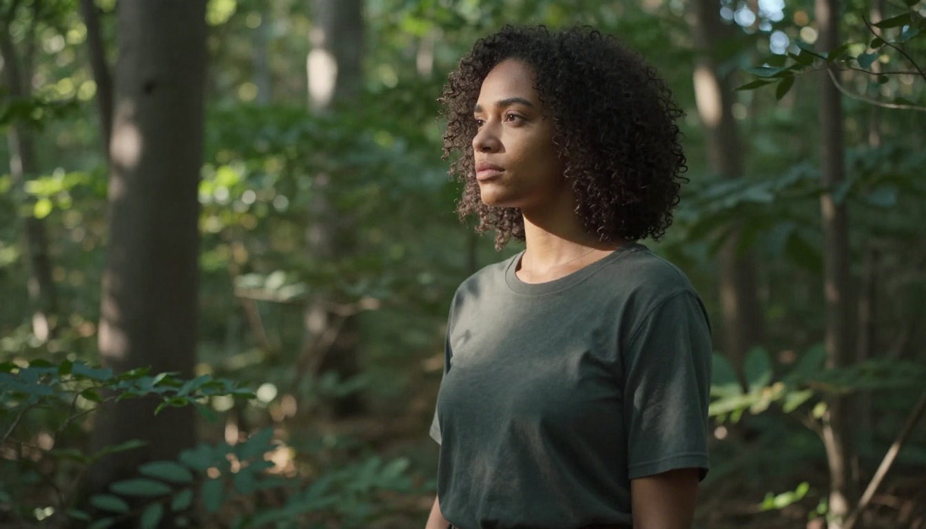 Femme dans une forêt illustrant une approche globale du bien-être et de la santé de la peau
