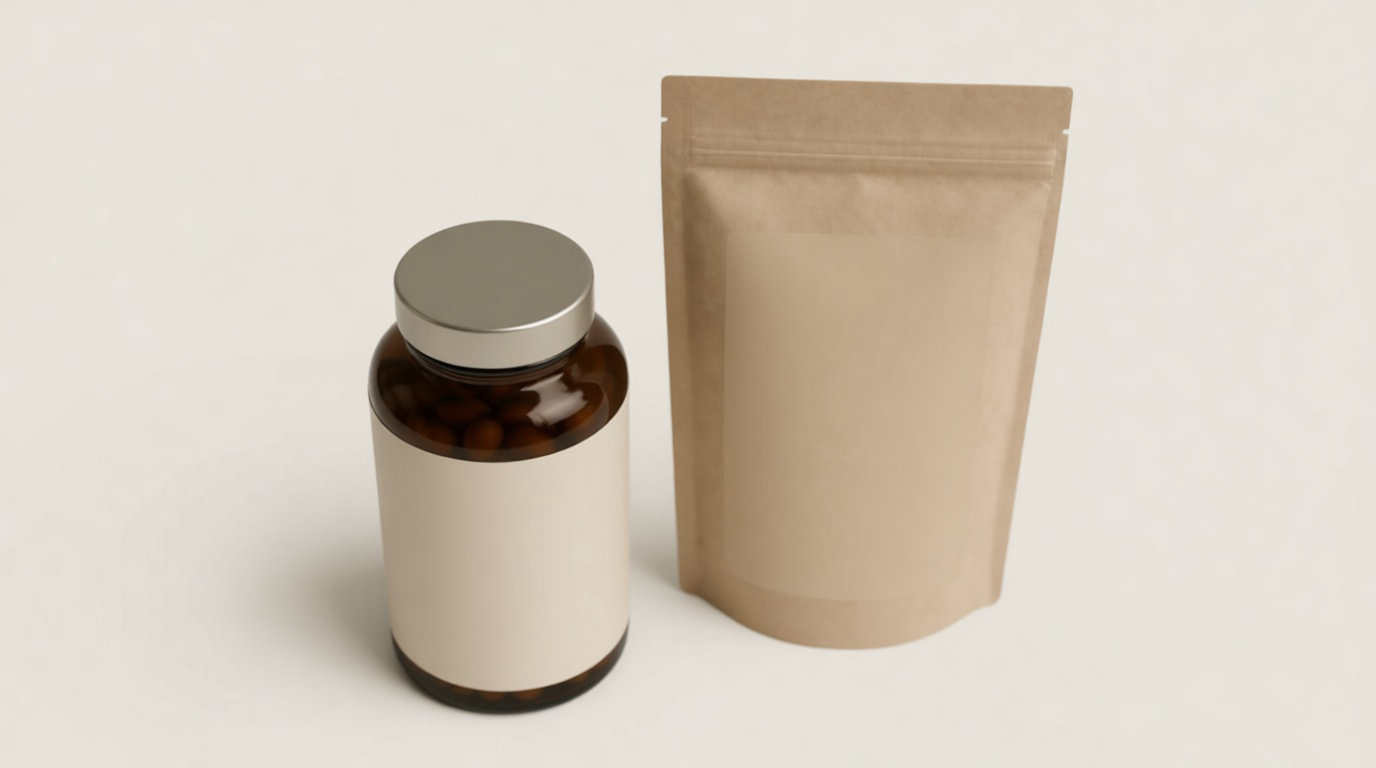 Compléments alimentaires et sachet kraft illustrant les probiotiques et produits pour le microbiote