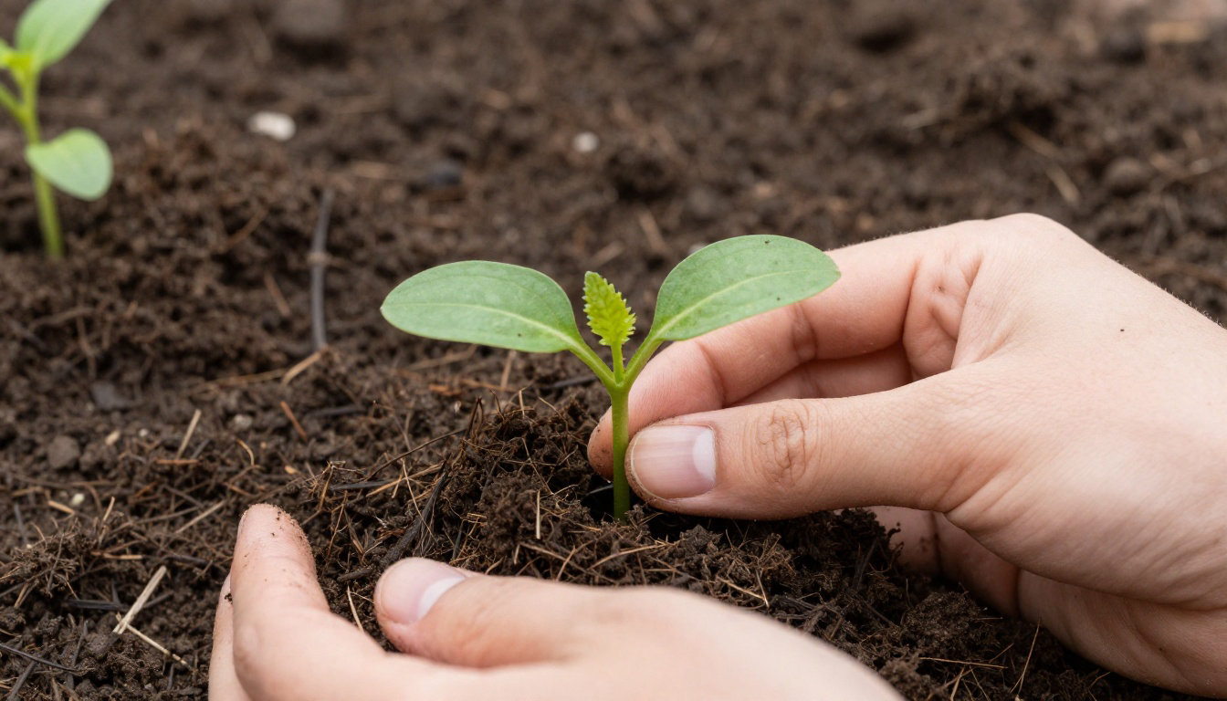 Mains plantant un plant — métaphore du soin apporté au microbiote