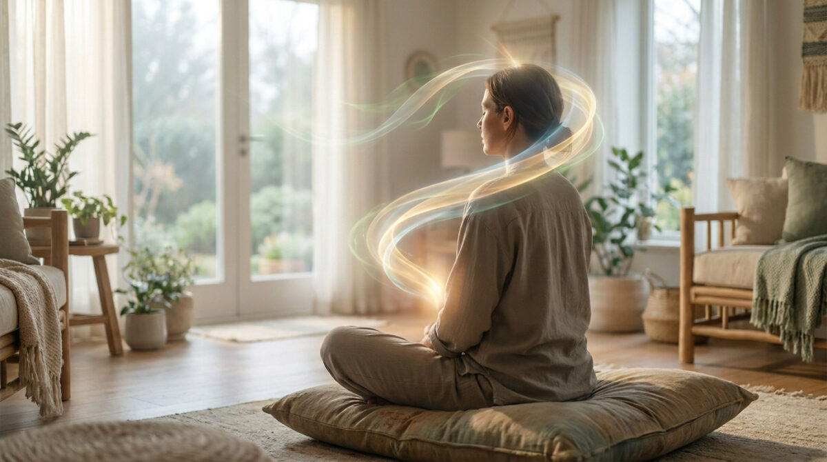 Personne méditant dans une pièce lumineuse, entourée d'énergie lumineuse symbolisant la connexion corps-esprit et le bien-être.