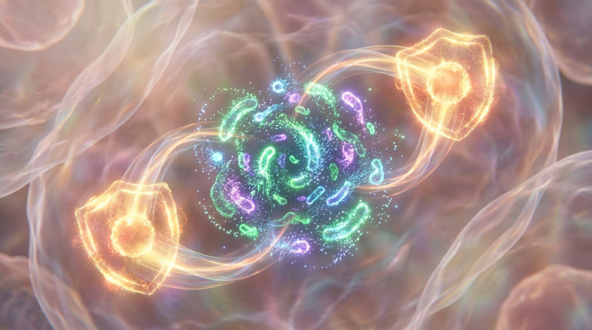 Illustration du microbiote intestinal (microbes lumineux verts et violets) interagissant avec les défenses immunitaires (boucliers orange).