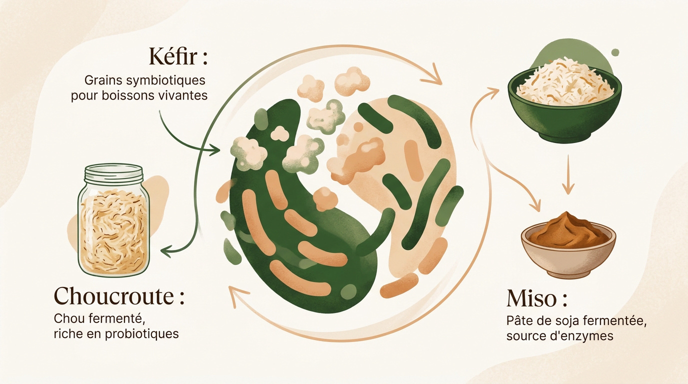 Kéfir, choucroute et miso représentant différents types d'aliments fermentés