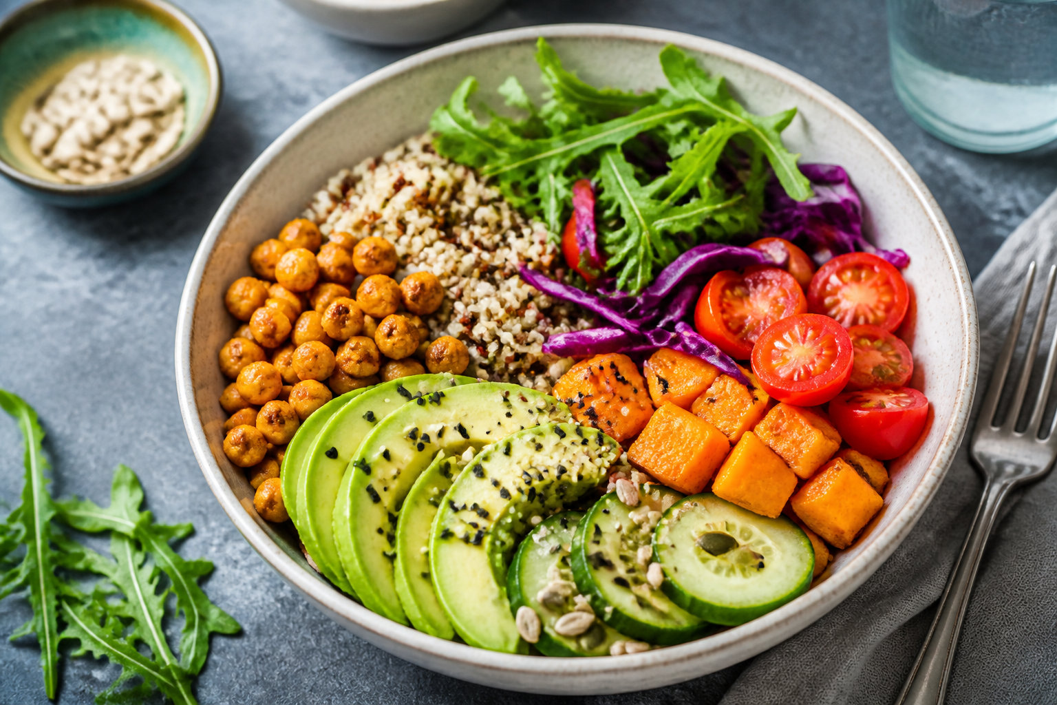Repas équilibré avec légumes et pois chiches pour illustrer une alimentation digestive variée