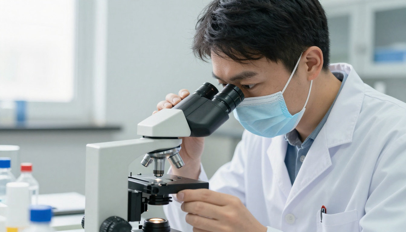 Chercheur examinant au microscope — études sur les probiotiques et les ballonnements