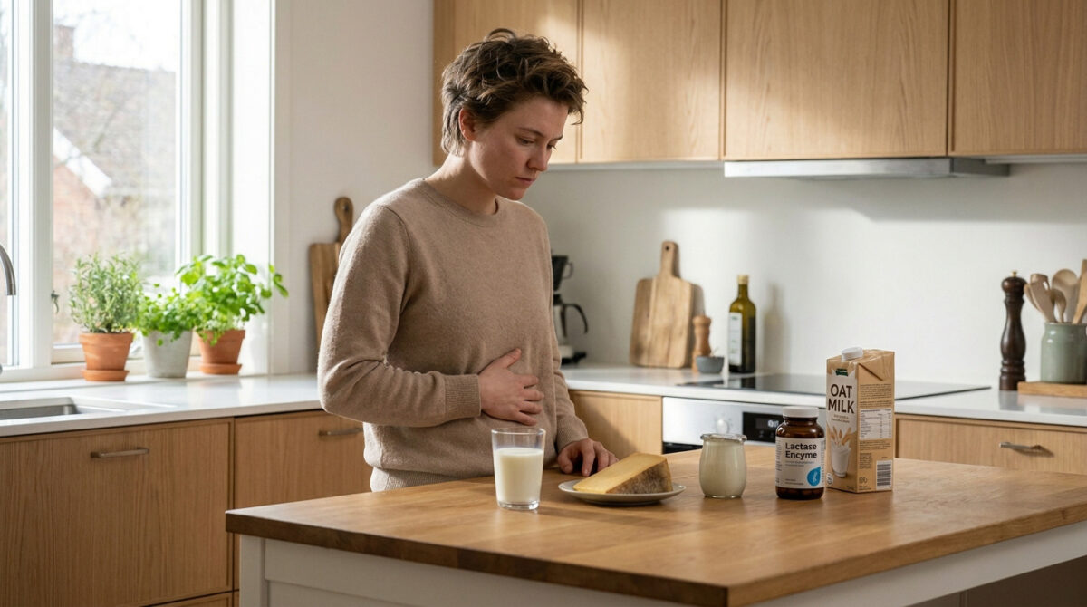 Une personne dans une cuisine se tenant le ventre avec inquiétude devant des produits laitiers et du lait d'avoine.