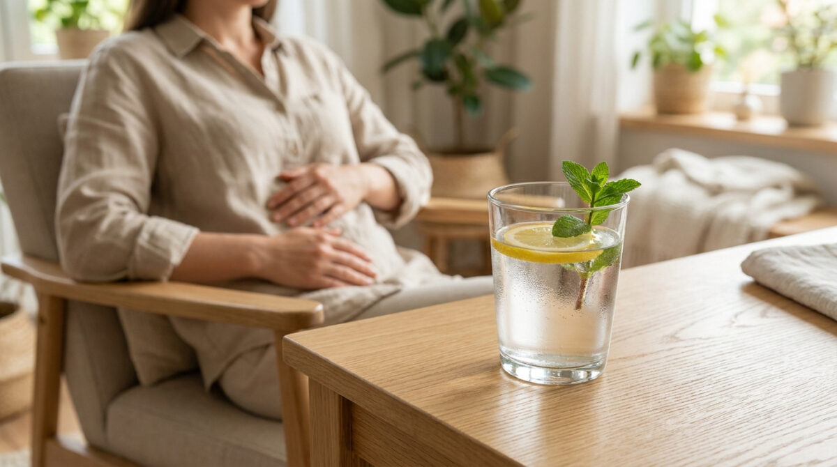 Un verre d'eau citronnée avec de la menthe posé sur une table devant une femme enceinte au repos.