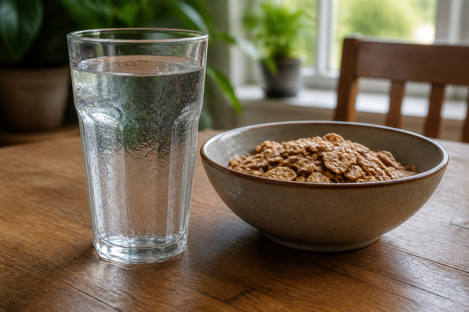Verre d'eau et céréales complètes pour augmenter progressivement les fibres