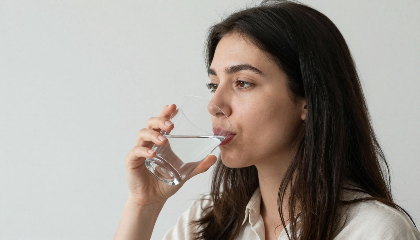 Femme buvant un verre d'eau — prise de probiotiques avec eau à température ambiante