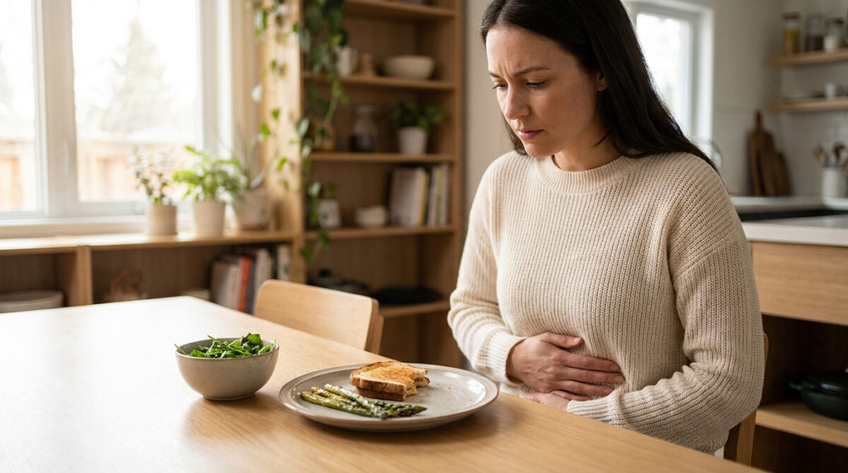 Une femme assise à une table avec un repas léger, tenant son ventre avec une expression de gêne abdominale.