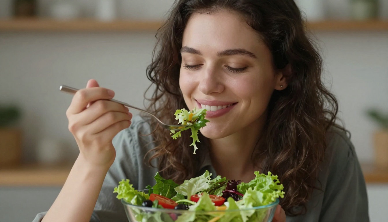 Femme savourant une salade fraîche — alimentation et confort digestif