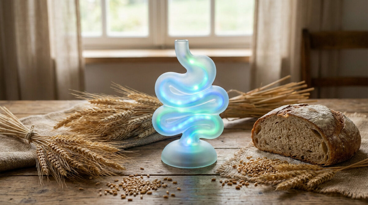 Objet lumineux en forme d'intestin posé sur une table en bois entre des gerbes de blé et une miche de pain.