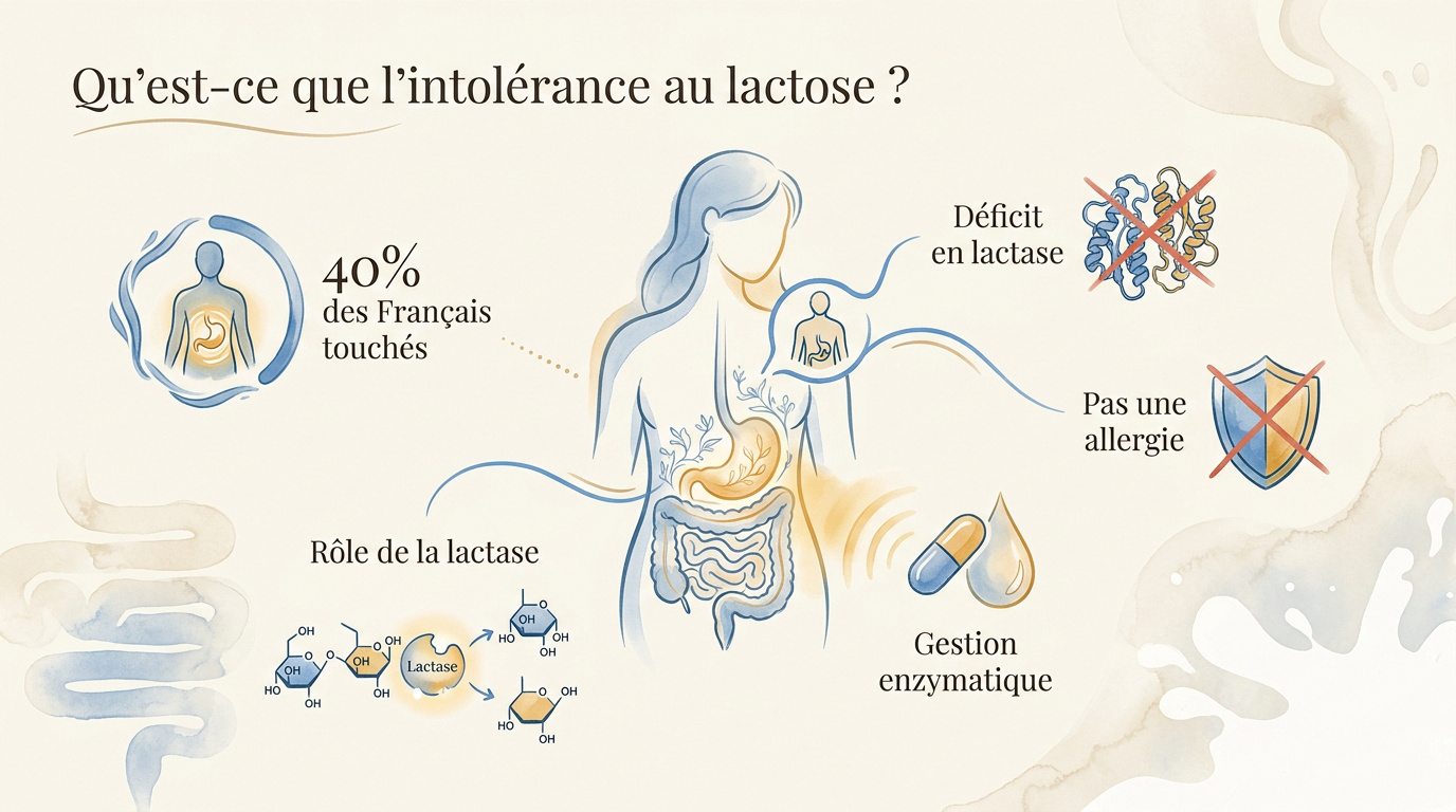 Illustration pédagogique sur l'intolérance au lactose et la digestion du lait