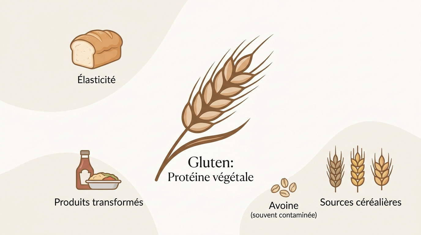 Infographie présentant les sources de gluten comme le blé, l'orge et le seigle