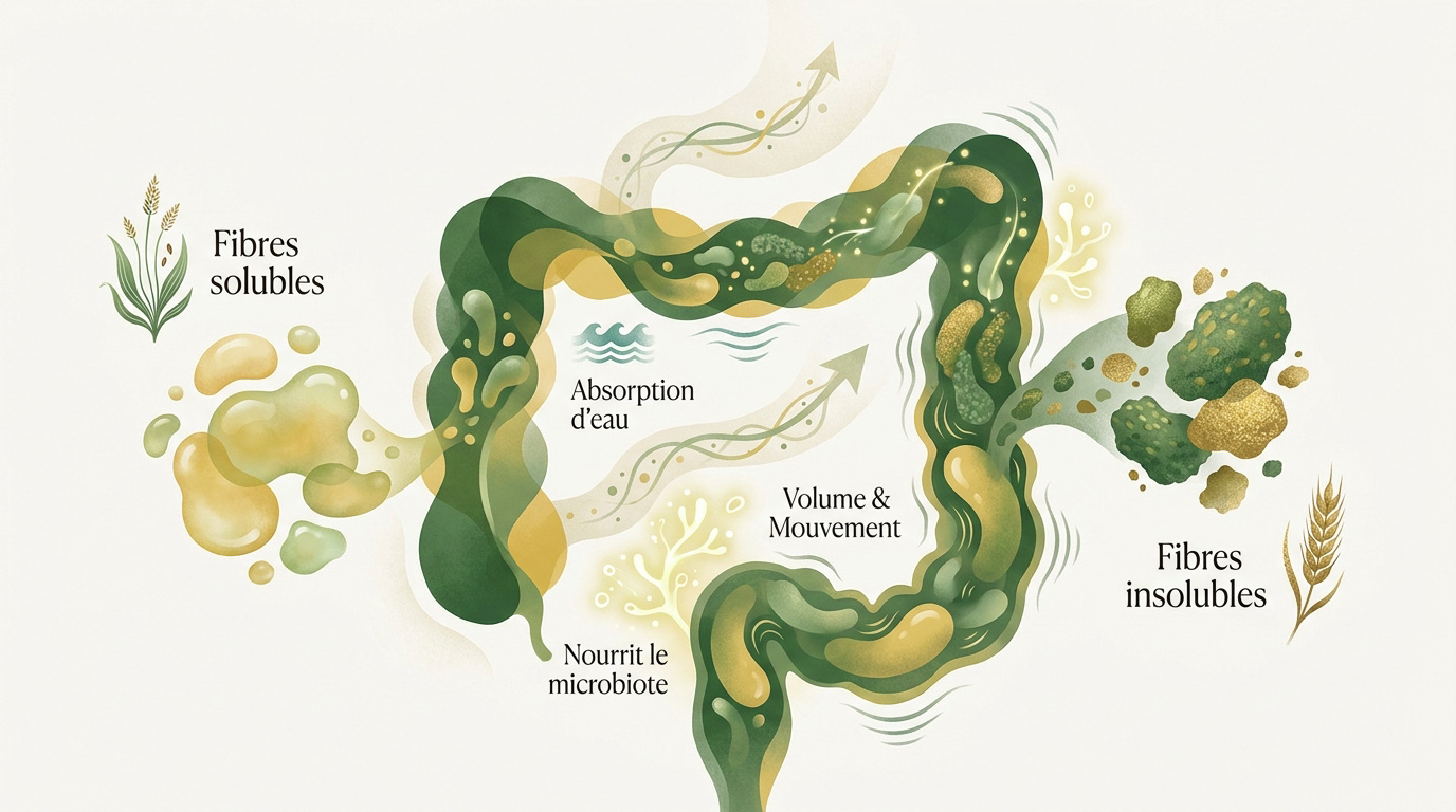 Illustration du parcours des fibres alimentaires dans l'intestin