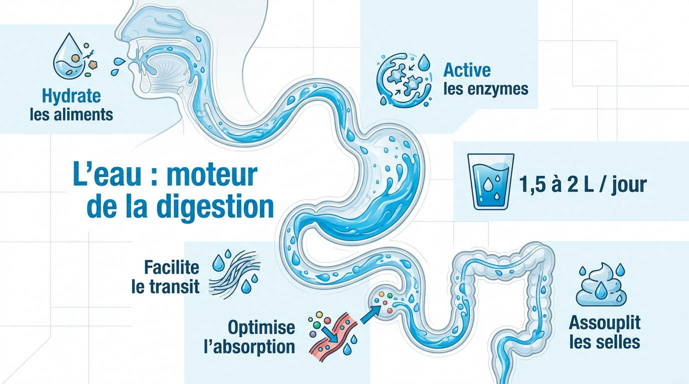 Verre d'eau illustrant le rôle de l'hydratation dans la digestion