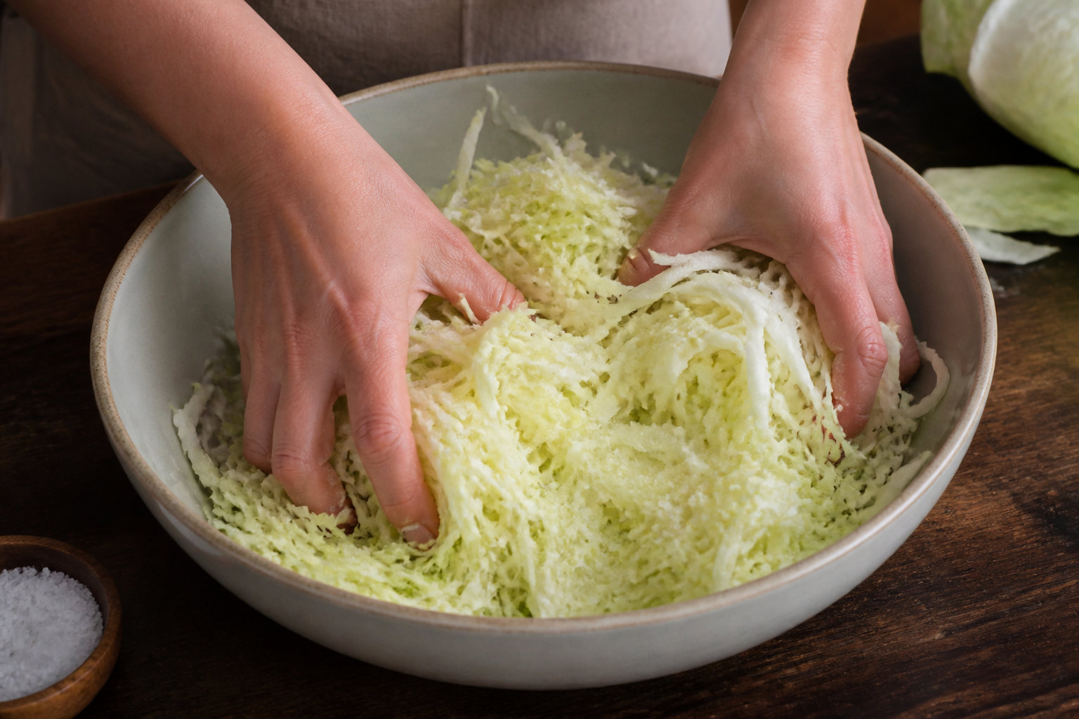 Chou émincé mélangé au sel avant sa lactofermentation