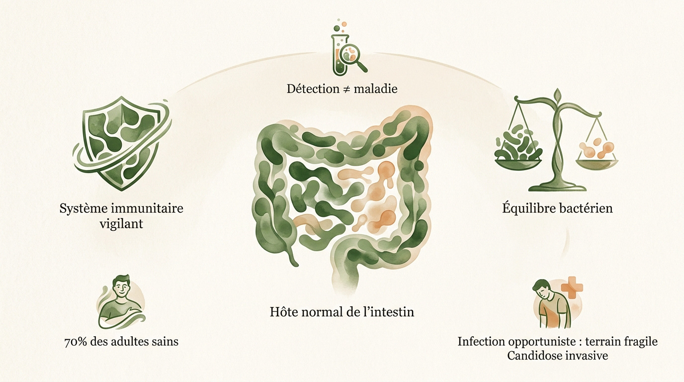 Microbiote intestinal équilibré avec présence possible de Candida albicans