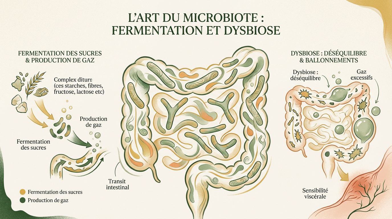 Schéma expliquant le lien entre dysbiose intestinale et fermentation excessive produisant des gaz