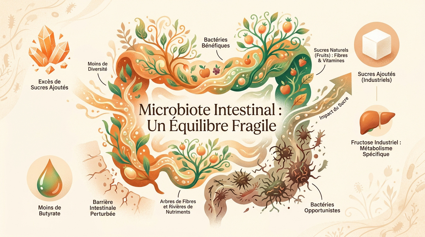 Illustration du microbiote intestinal comme un équilibre influencé par l'alimentation