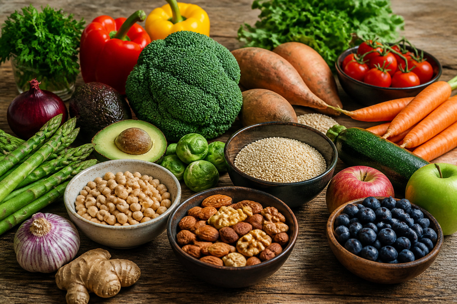 Aliments variés naturellement sans gluten comme légumes, fruits, légumineuses et céréales alternatives