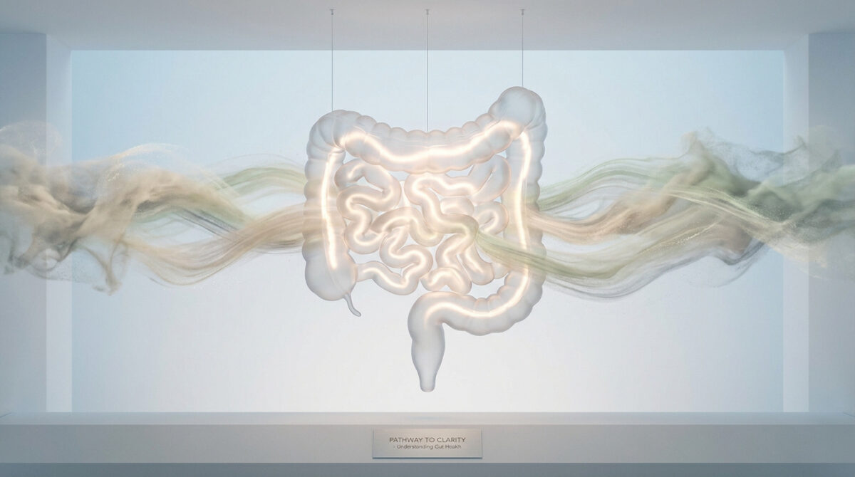 Représentation artistique et lumineuse du système digestif humain en 3D suspendu dans un espace épuré.