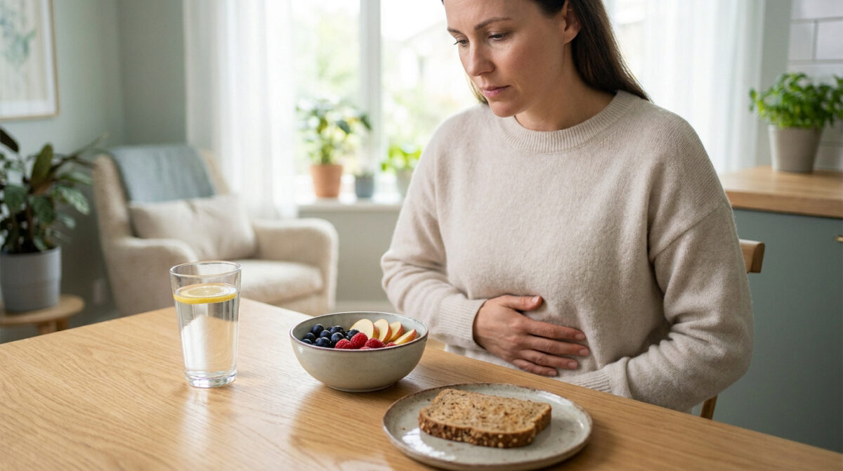 Femme assise à table, tenant son ventre avec une expression de douleur, devant un bol de fruits et une tranche de pain.